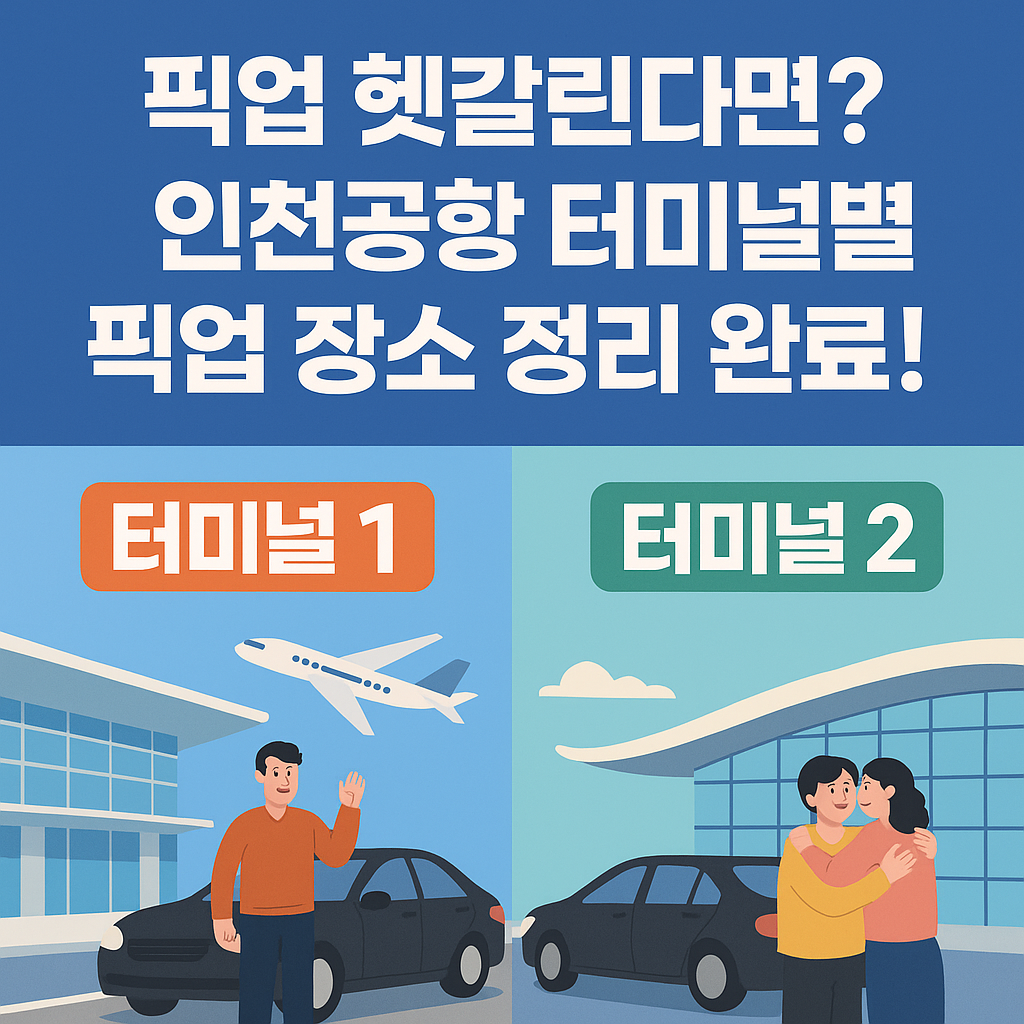 인천공항 터미널 1과 2 앞 픽업 장소에서 마중 나오는 장면을 표현한 일러스트와 픽업 장소 안내 텍스트 배너