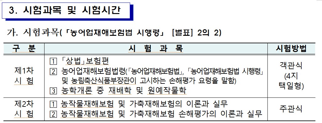 손해평가사 시험과목 안내 공지문