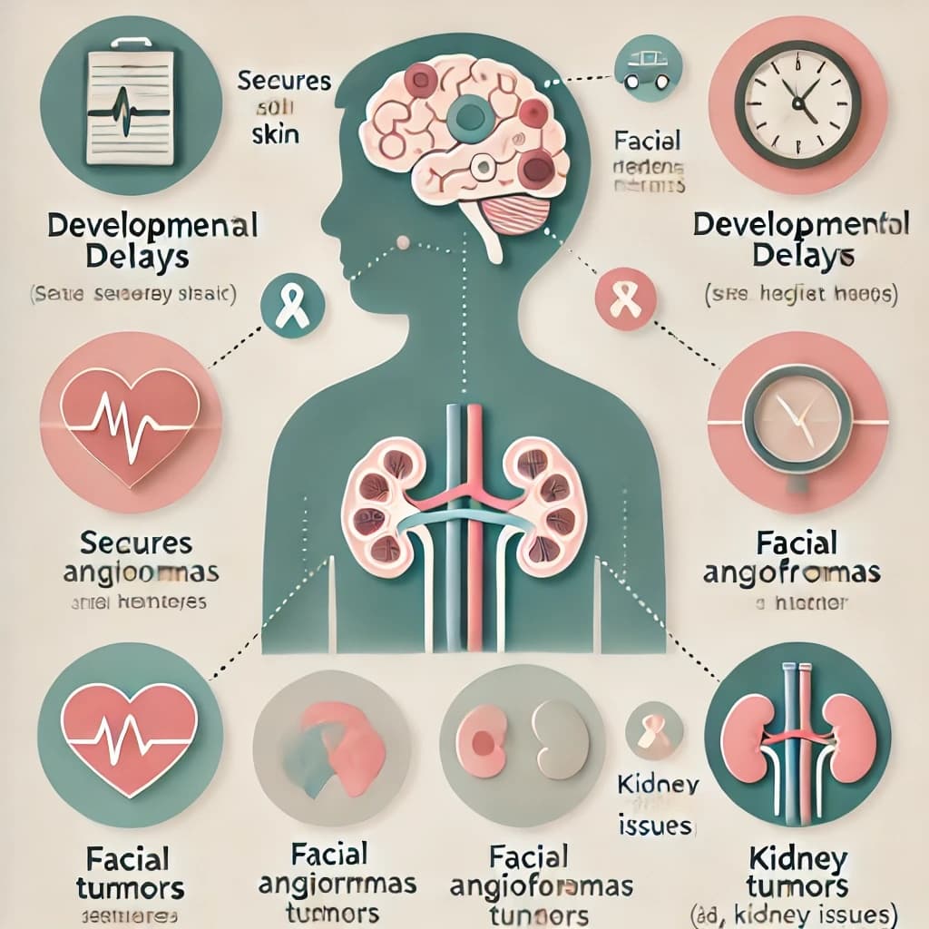 결절성 경화증(Tuberous Sclerosis Complex, TSC) 개요 인포 그래픽: 뇌, 피부, 신장, 심장, 폐에 영향을 미치는 증상 설명