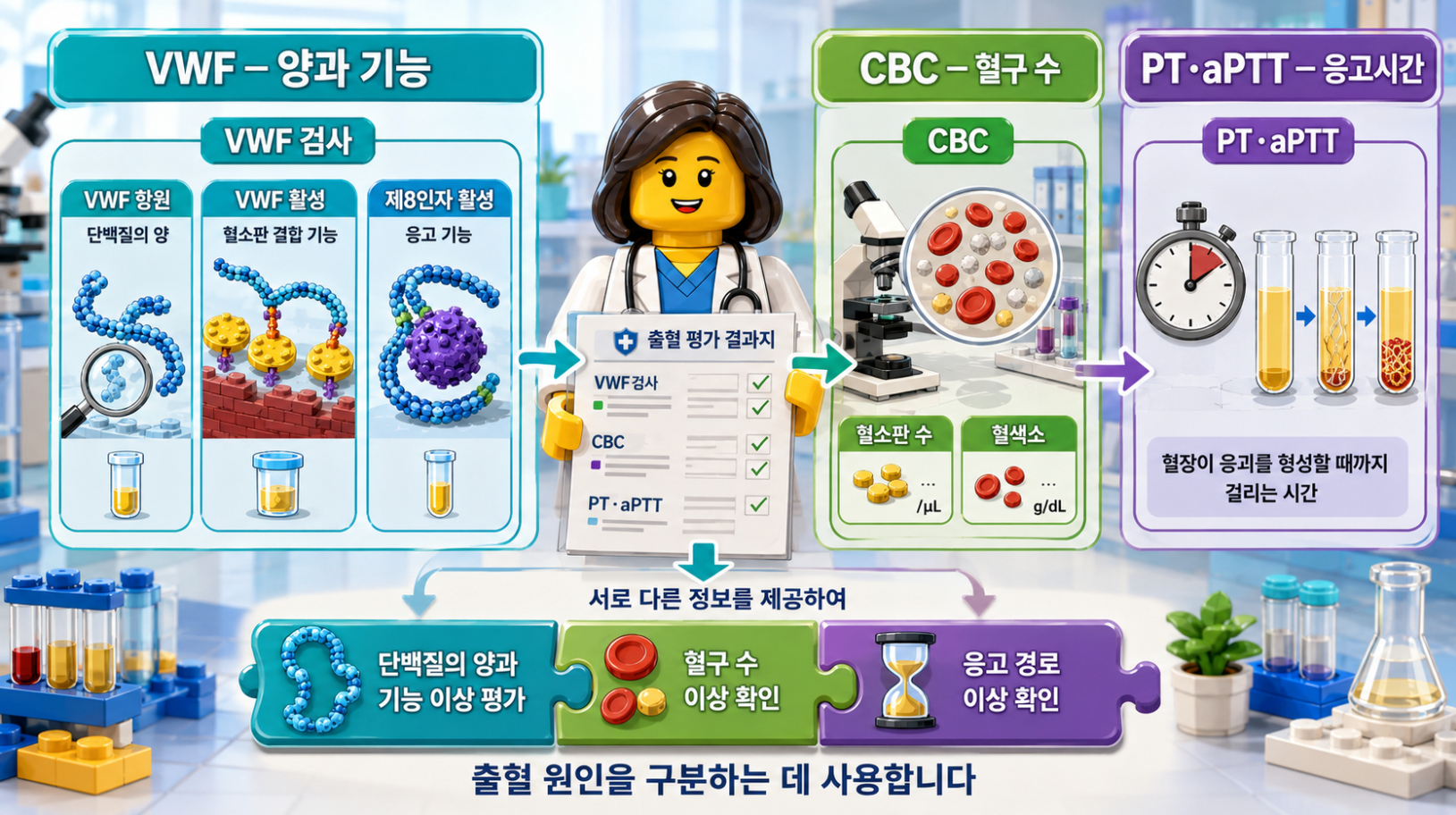 VWF 검사와 CBC, PT&middot;aPTT를 함께 확인하는 이유와 각 검사의 역할을 비교한 의료 인포그래픽