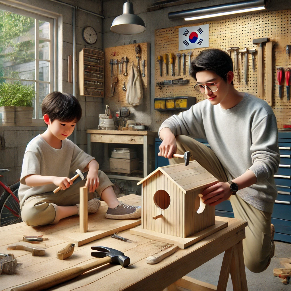아버지와 아들이 차고에서 함께 나무로 새집을 만드는 장면. 아버지는 망치를 들고, 아들은 나무 조각을 잡고 있으며, 배경에는 정리된 작업 공간과 벽에 걸린 도구들이 보입니다