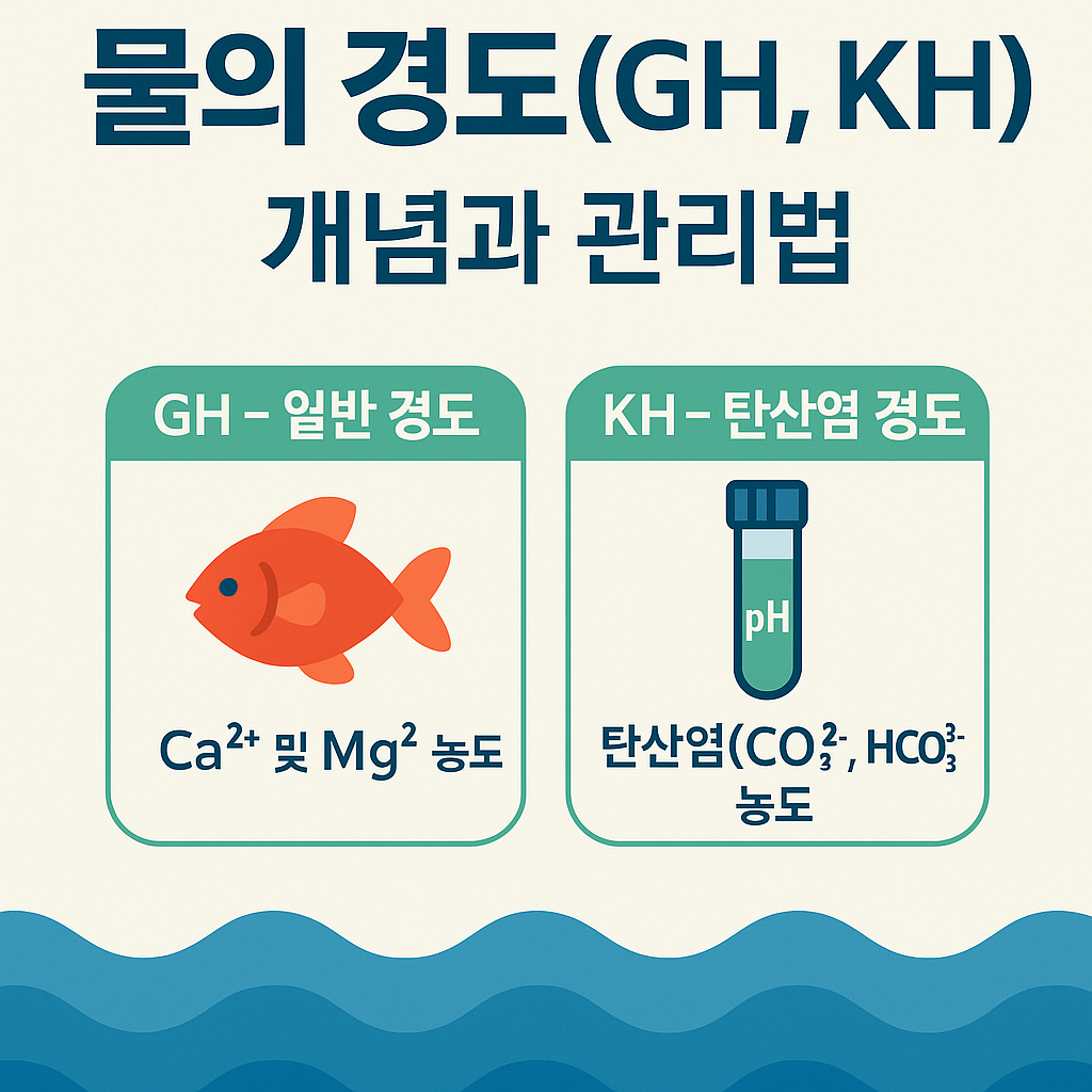 물의 경도를 나타내는 그래프와 함께 수조 안에서 건강하게 헤엄치는 다양한 열대어들의 모습. 그래프에는 KH와 GH의 수치 범위가 표시되어 있으며, 이상적인 수치와 위험 수치가 색상으로 구분되어 있음. 수조 내부에는 수초, 돌, 기포기 등 다양한 장식이 자연스럽게 배치되어 있음.