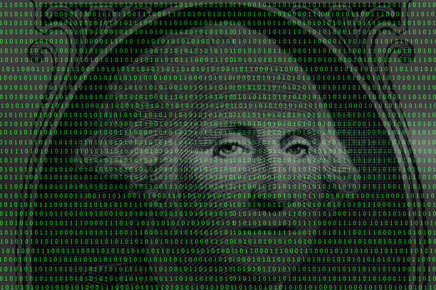 미국 달러의 워싱턴 초상화 위로 나타나 있는 디지털 코드