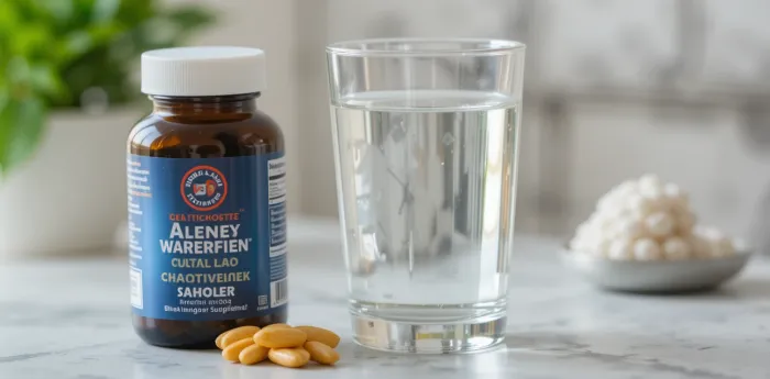 알파리포산 영양제와 물컵이 같이 있는 모습