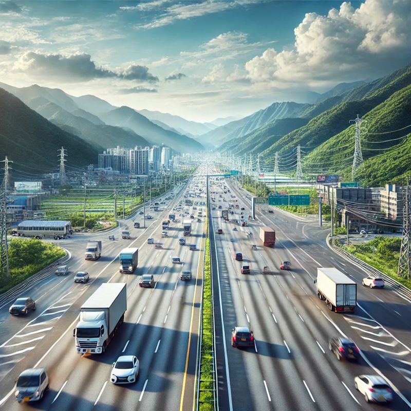 A dynamic scene of vehicles driving on a highway in South Korea, 고속도로