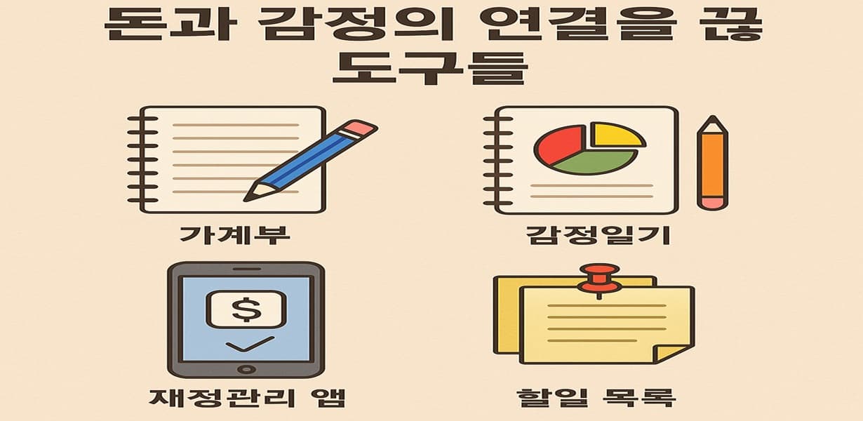돈과 감정의 연결을 끊는 데 유용한 도구들을 정리한 인포그래픽 이미지
