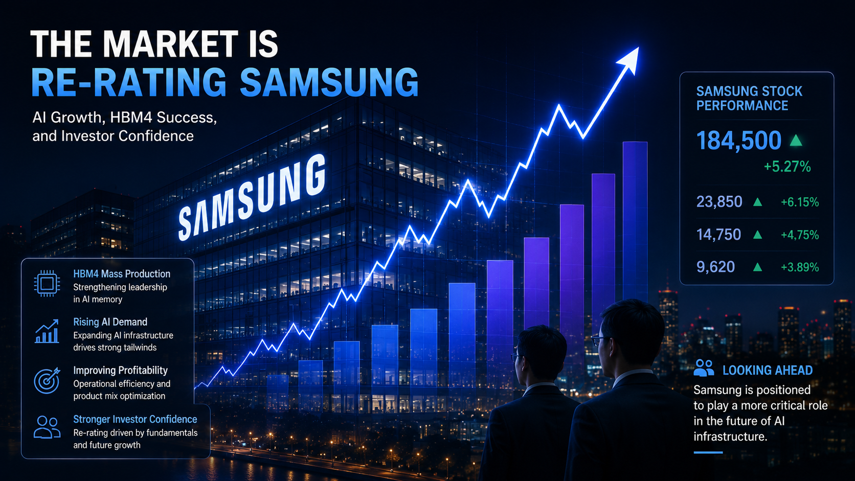 Samsung headquarters with rising stock charts and AI-themed graphics symbolizing investor confidence, market re-rating, and future growth opportunities.