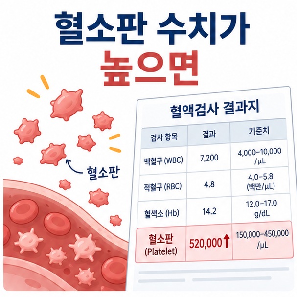 혈소판을 상징하는 혈액세포와 혈액검사 결과지를 함께 배치해 혈소판 수치가 높은 상태를 설명한 대표 이미지