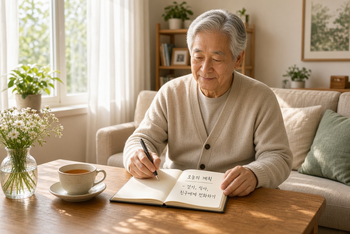밝은 거실에서 오늘의 걷기와 식사, 친구에게 전화하기 계획을 노트에 적는 한국인 시니어