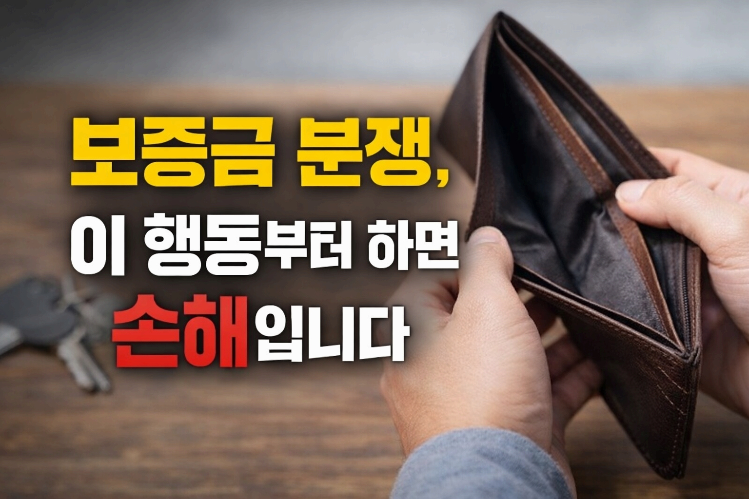 보증금 분쟁으로 빈 지갑을 들고 있는 임차인의 모습과 손해 경고 문구가 들어간 썸네일