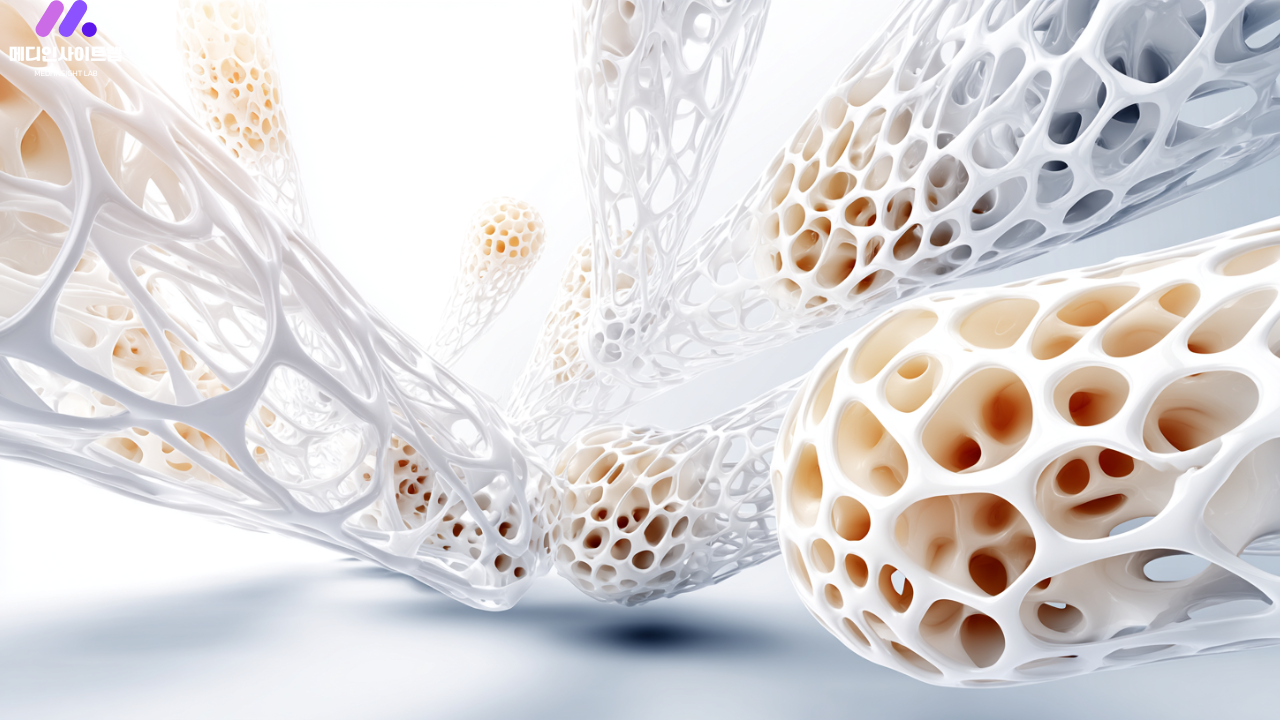 골다공증으로 약해진 뼈 구조와 정상 뼈의 밀도 차이를 비교한 의료 개념 이미지