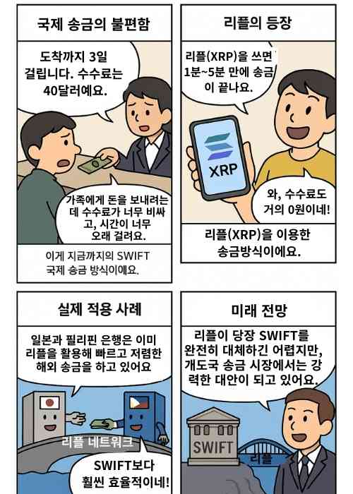 SWIFT 국제 송금의 높은 수수료·지연 문제, 리플(XRP)의 빠르고 저렴한 송금, 일본–필리핀 은행의 적용 사례, SWIFT 건물과 리플 디지털 다리의 미래 공존 대비에 대한 4컷 만화.