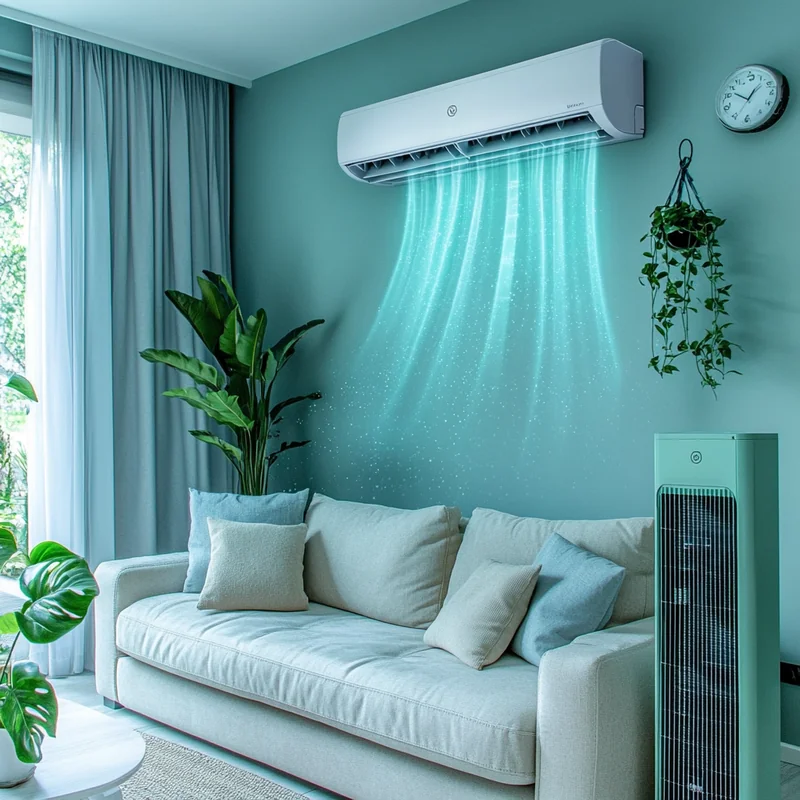 거실에 최신형 스탠드 에어컨이 부드러운 바람을 불어줘 시원한 여름 휴식을 제공합니다. 모던한 디자인과 효율적인 기능을 통해 공간을 편안하게 만듭니다.