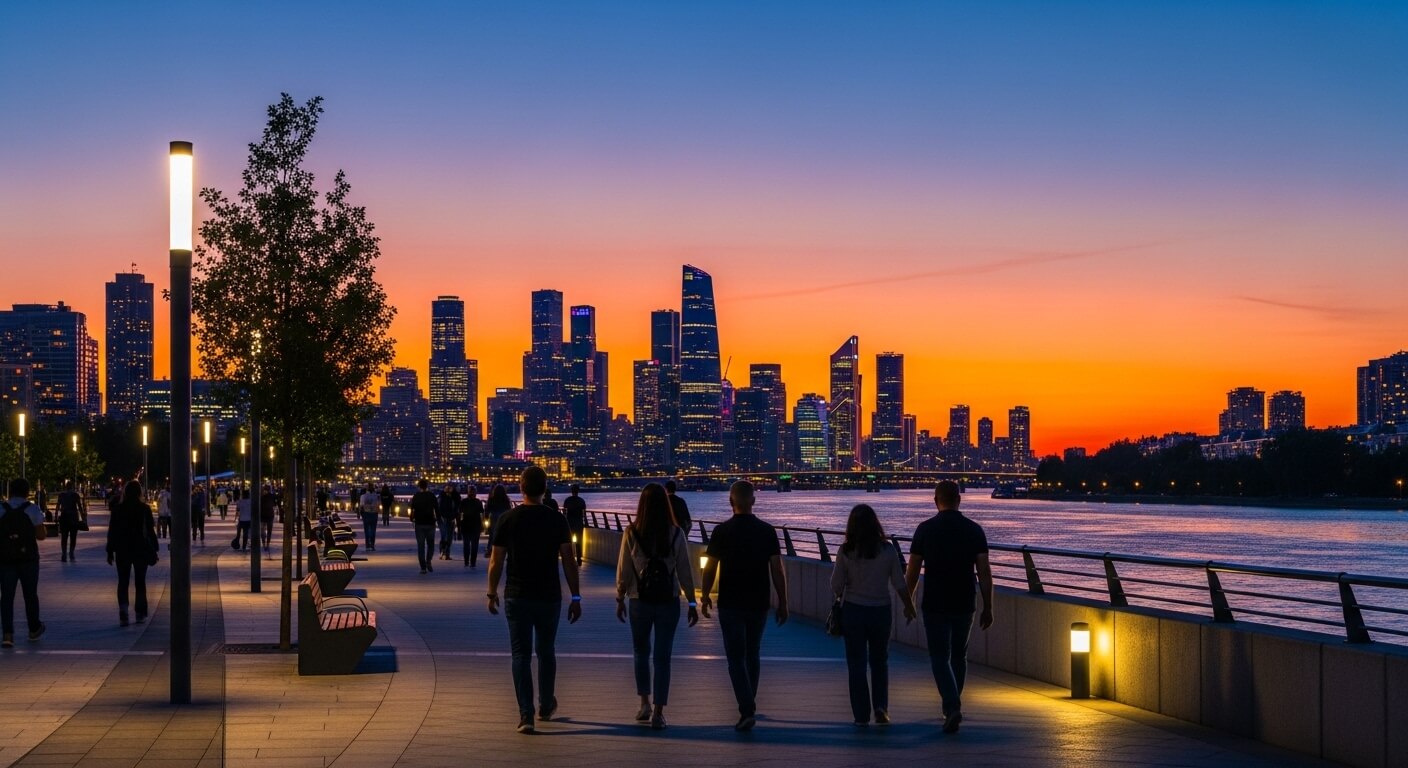황혼이 물든 도시가 보이는 호수가에서 걷고 있는 여러 사람들