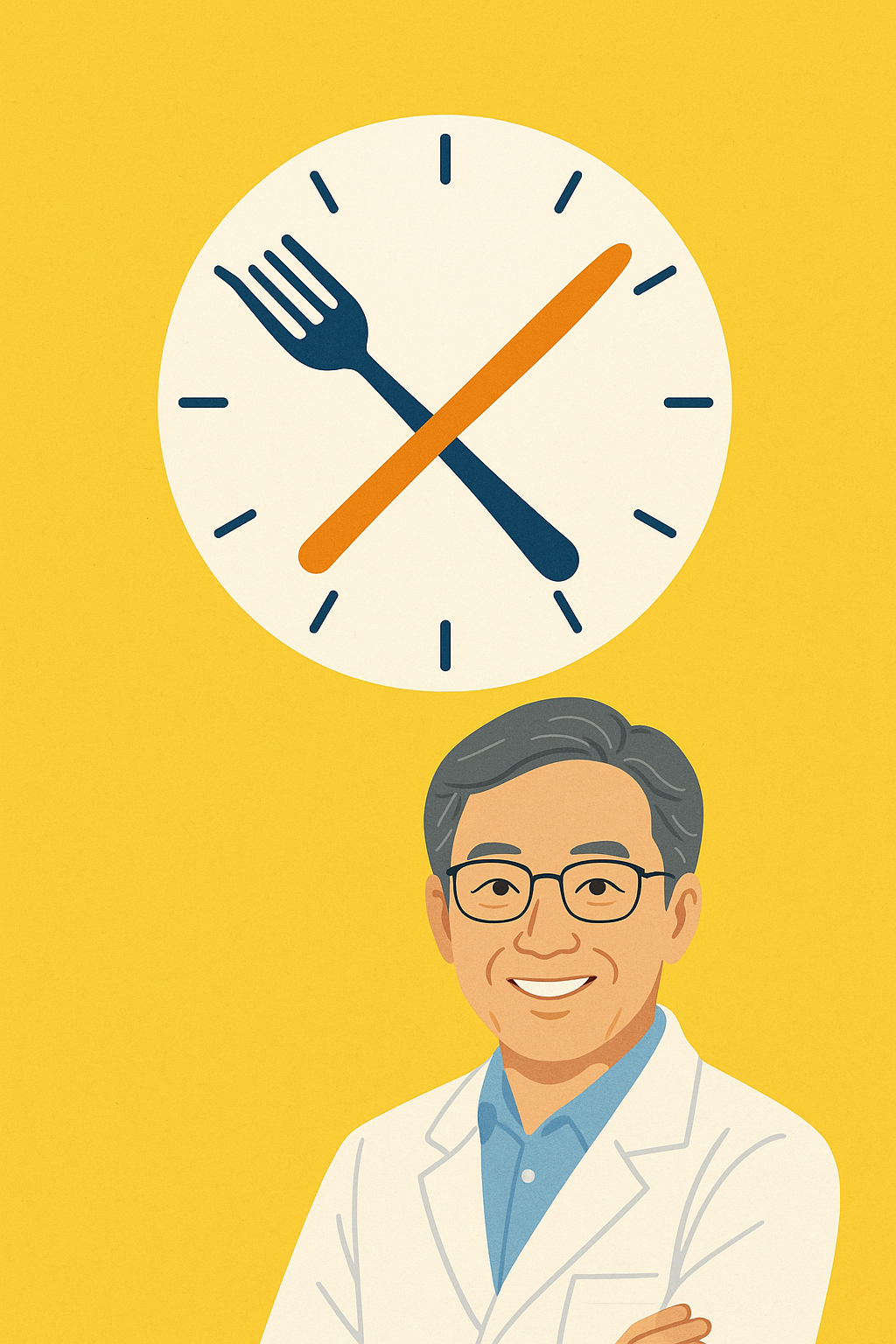 lt 태그: "AI로 생성된 건강과 식사 시간을 주제로 한 삽화 – 시계를 형상화한 일러스트와 미소 짓는 중년 의사 캐릭터가 노란 배경 위에 표현됨"
lt 태그: "AI로 생성된 건강과 식사 시간을 주제로 한 삽화 – 시계를 형상화한 일러스트와 미소 짓는 중년 의사 캐릭터가 노란 배경 위에 표현됨"