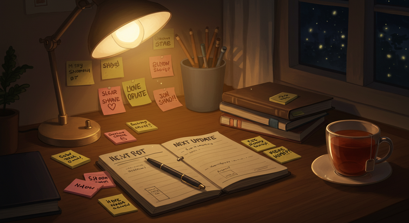 밤 시간, 책상 위 메모와 포스트잇에 신조어 정리 노트를 하며 다음 업데이트를 준비하는 장면