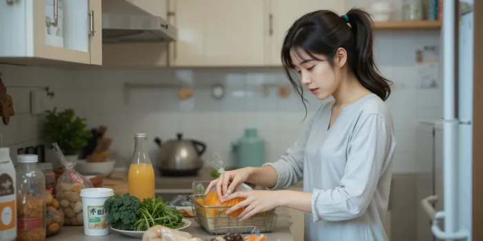 주방에서 장본 식재료 정리하는 여성