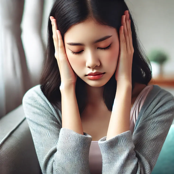 시끄러운 공간에서 귀를 막고 불편해하는 동양인 젊은 여성