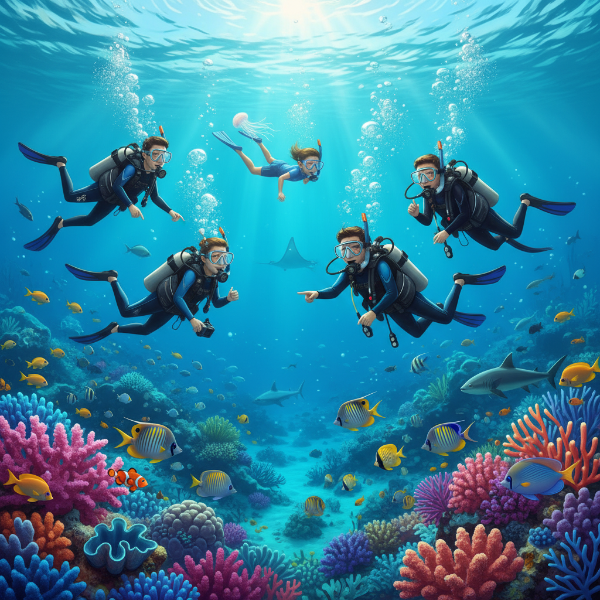 동남아 청정 해역에서 스쿠버 다이빙을 즐기는 사람들