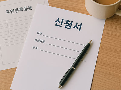 신청서와 주민등록등본, 검정 펜, 커피잔이 놓인 책상 위 모습, 제출 서류 준비를 연출한 장면
