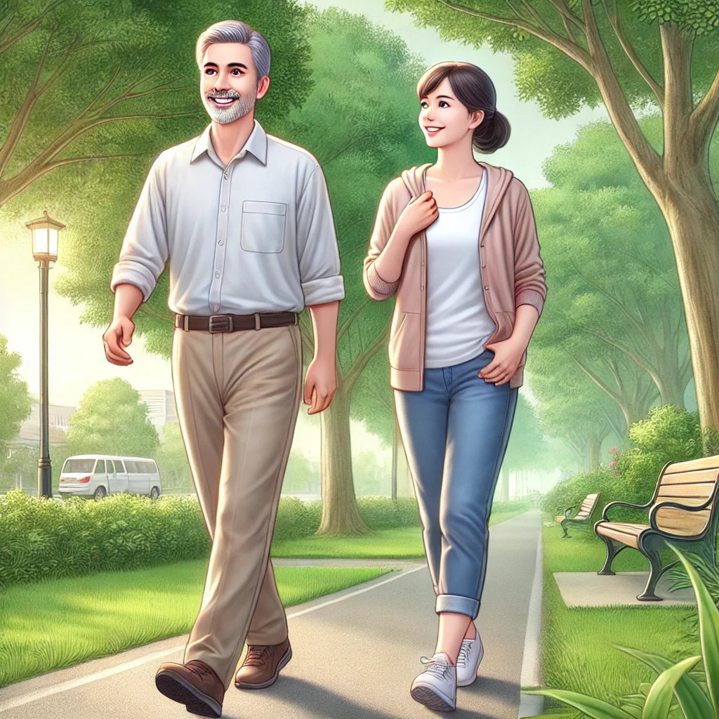 식사 후 가볍게 산책하며 대화를 나누는 중장년 남녀의 모습이 따뜻하고 자연스럽게 표현된 이미지