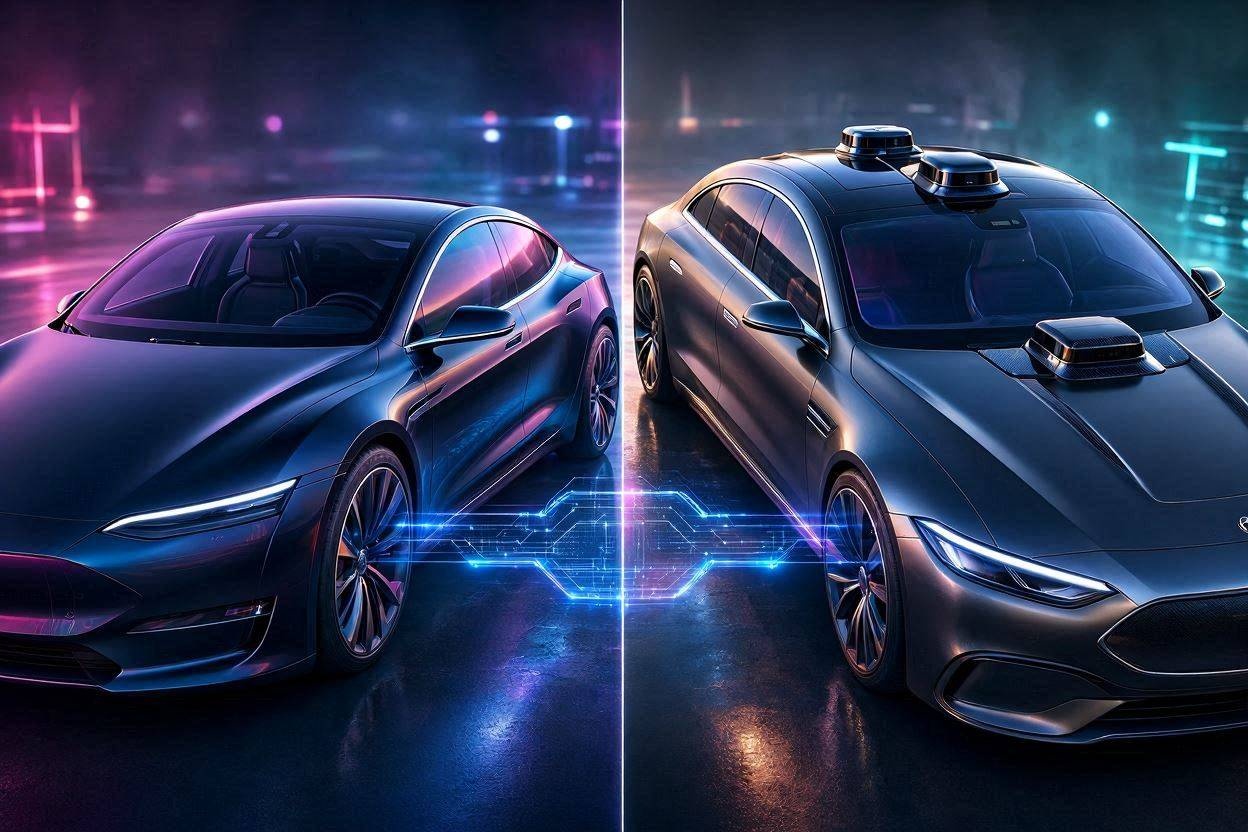 Conceptual diagram of the autonomous driving technology competition between Tesla's independent path and traditional automotive brands using the NVIDIA platform.