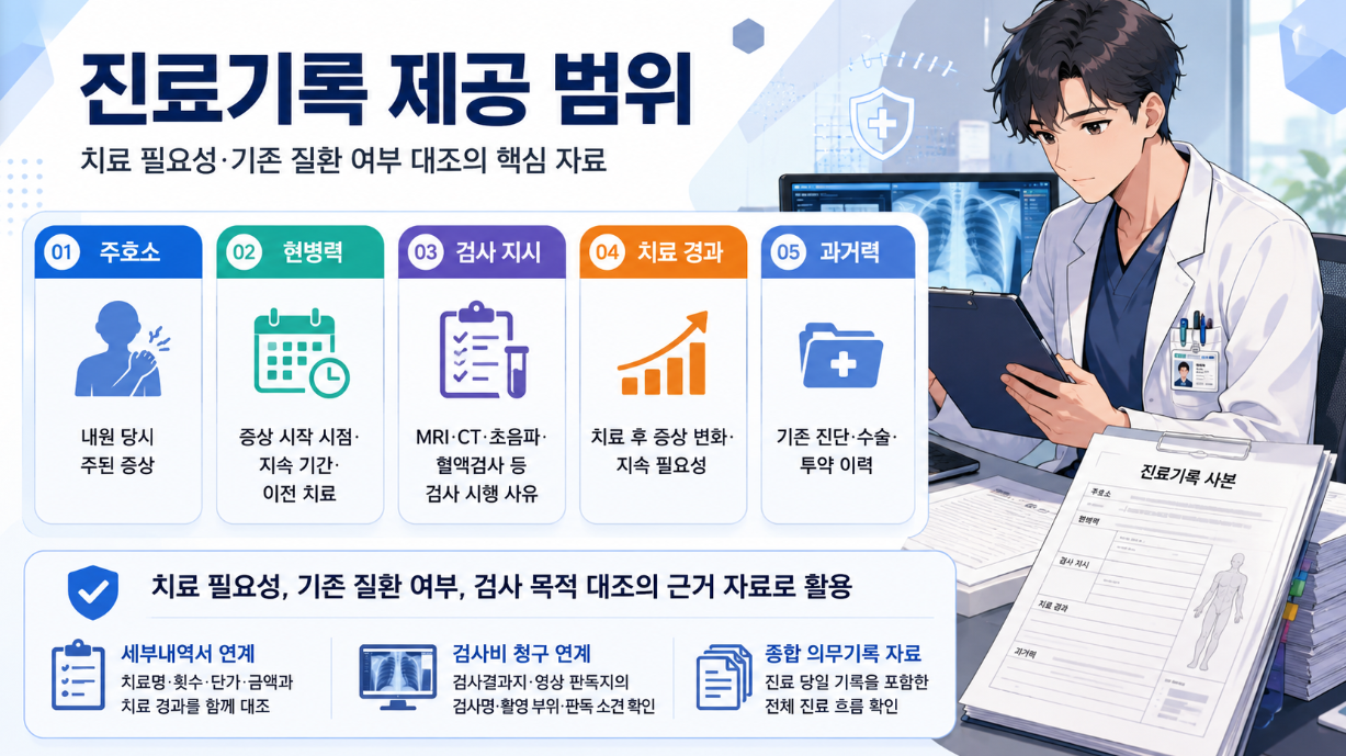 진료기록 제공 범위를 설명하는 가로형 인포그래픽으로, 주호소, 현병력, 검사 지시, 치료 경과, 과거력을 카드형 구획으로 정리하고 진료기록을 검토하는 남성 의사 일러스트가 포함된 이미지