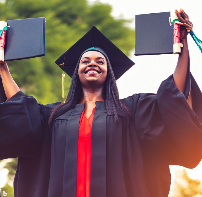 두 개의 학위를 취득한 여성의 모습(made by Bing)