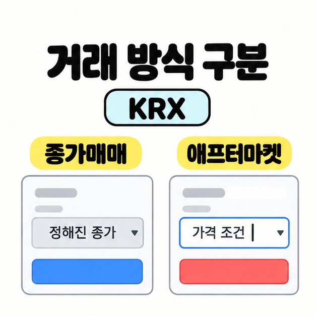 KRX 거래 방식 구분이라는 제목 아래 종가매매의 정해진 종가 입력칸과 애프터마켓의 가격 조건 입력칸을 나란히 비교한 그림