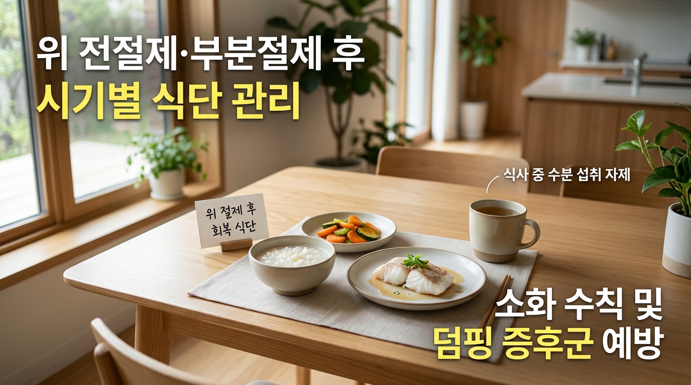 햇살이 비치는 아늑하고 정돈된 식탁 위에 위 절제 수술 후 회복을 위한 소량의 부드러운 죽, 생선살, 익힌 채소가 깔끔하게 차려져 있으며 식사와 물이 따로 분리되어 있는 모습. '위 전절제·부분절제 후 시기별 식단 관리', '소화 수칙 및 덤핑 증후군 예방'이라는 문구가 적혀 있어, 위 절제술 후 올바른 식사 관리의 중요성을 시각화함.
