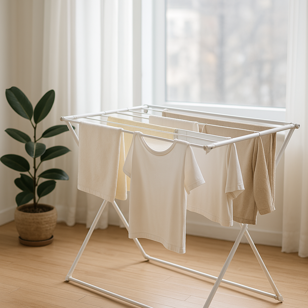 실내 가습 효과를 높이는 방법으로 흰색 티셔츠와 수건을 건조대에 널어놓은 장면
