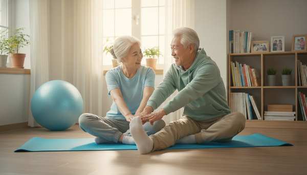 밝은 거실에서 함께 스트레칭하는 노년 부부, 편안한 복장으로 가벼운 실내 운동을 하며 건강을 챙기는 모습