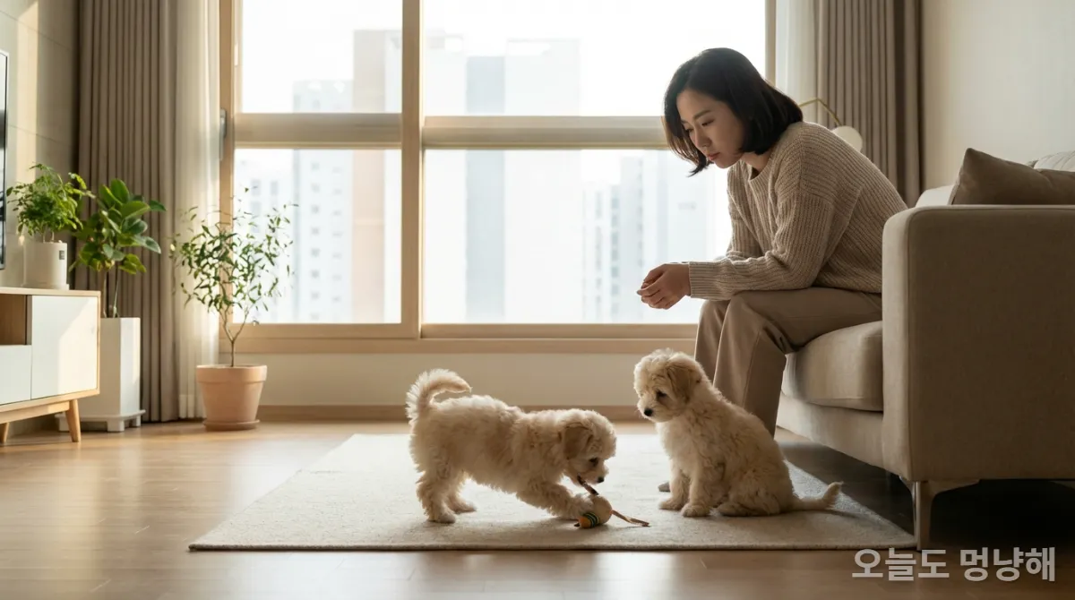 두 마리의 똑같이 생긴 강아지를 보며 생각에 잠긴 한국 여성, 각 강아지의 다른 표정