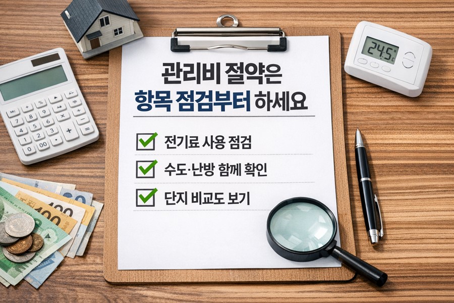 전기료와 수도료, 난방비 사용 패턴과 단지 비교 항목을 함께 점검하며 관리비를 줄이는 방법을 보여주는 체크리스트 이미지