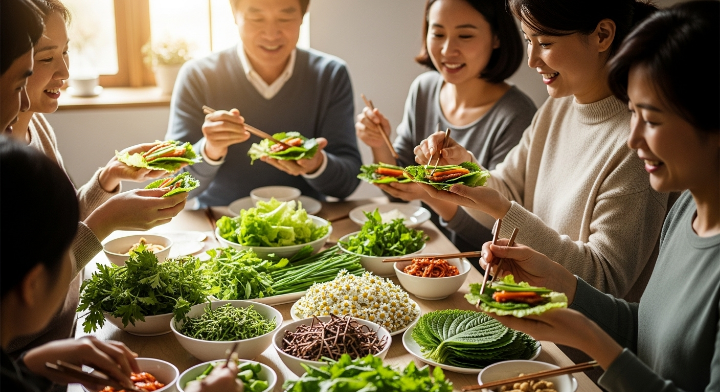 7명쯤 돼 보이는데 여러 가족구성원들이 둘러 앉아 싱싱한 채소들을 쌈을 싸먹고 있는 모습입니다.