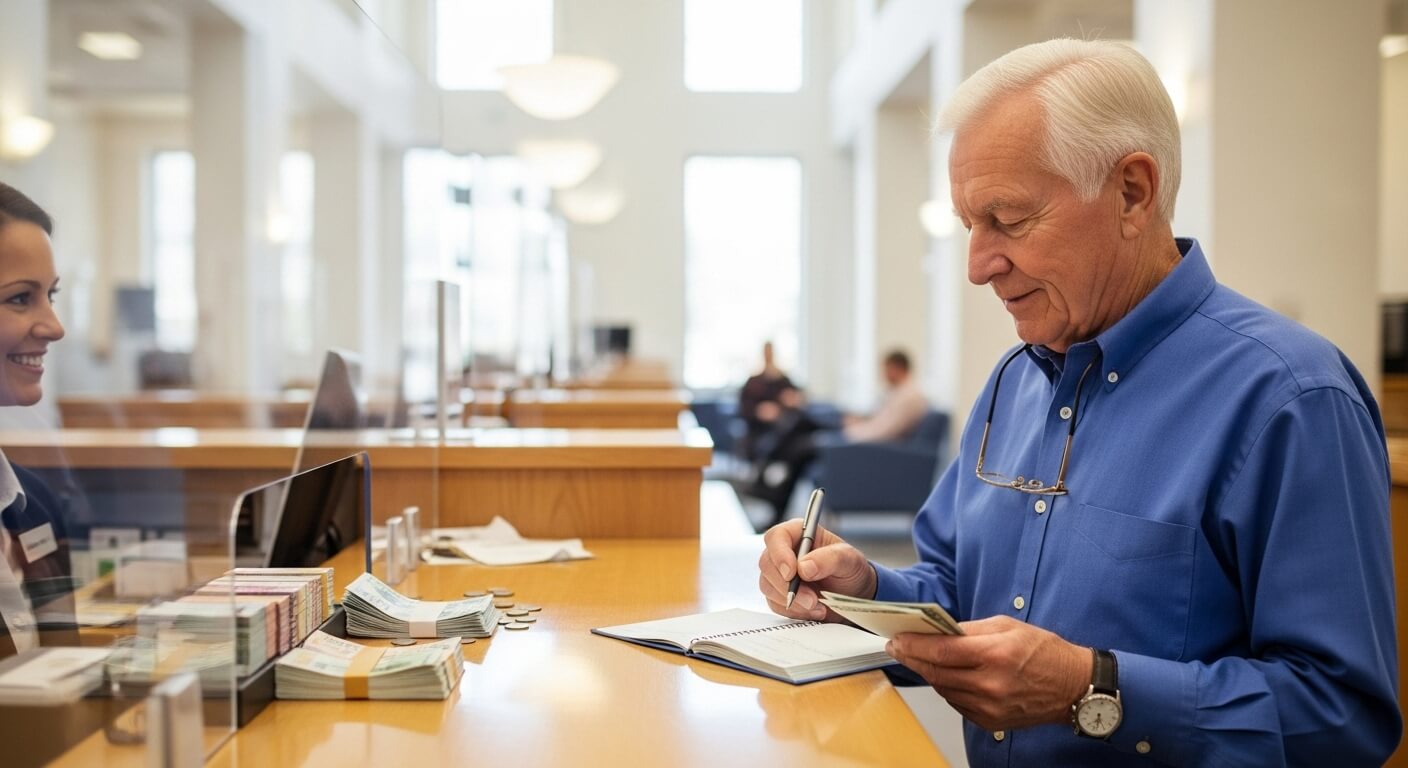 고령 남성이 은행 창구에서 현금과 수첩을 들고 있는 장면