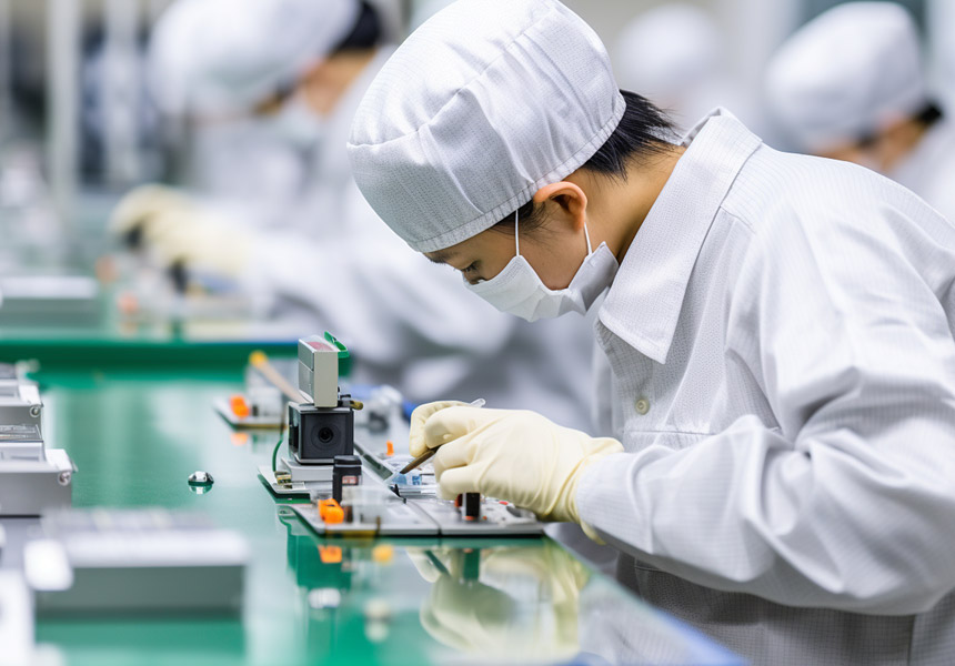 반도체 생산라인에서 칩을 조립하는 엔지니어의 모습, 정밀 공정