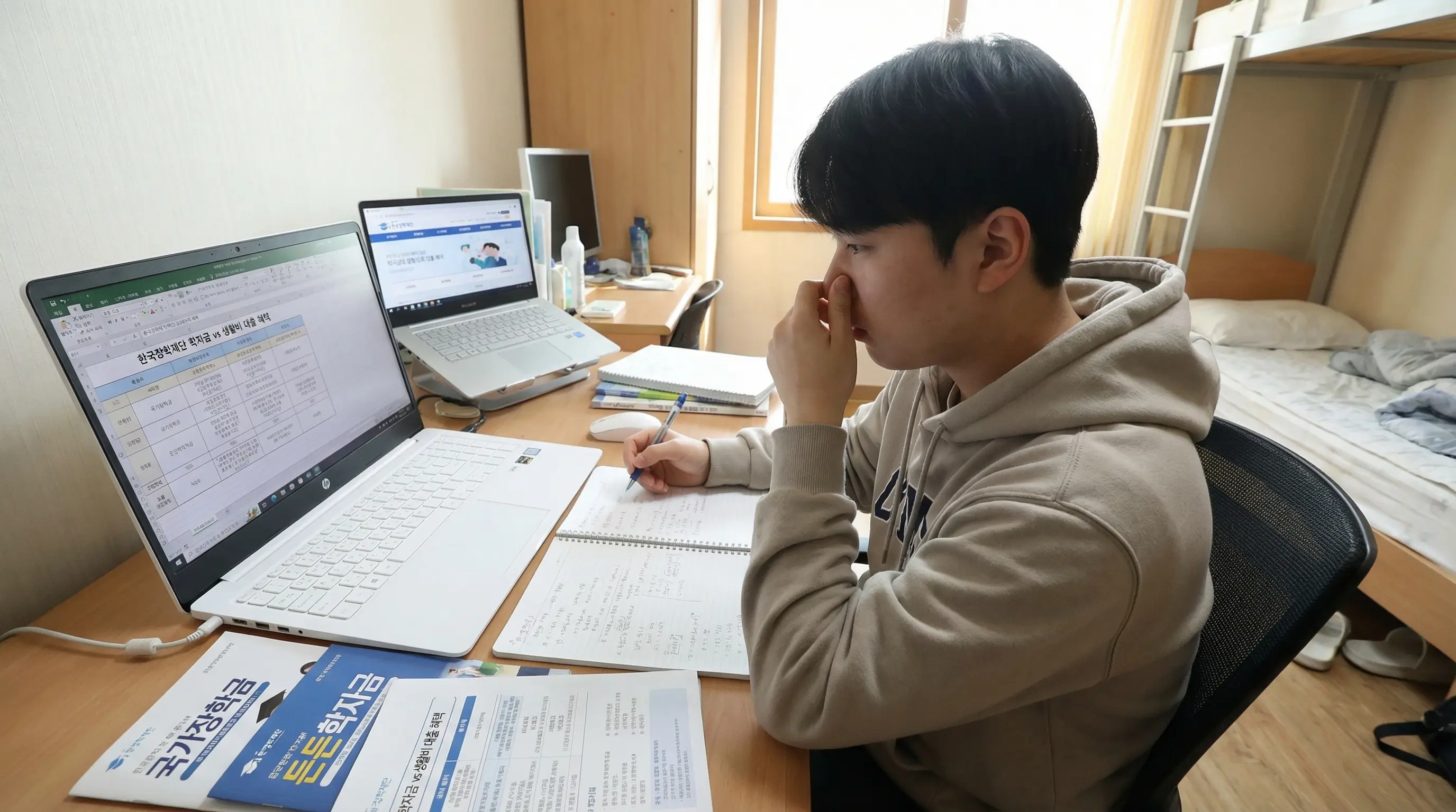 한국장학재단 학자금 대출과 생활비 대출 혜택을 비교하며 신청을 준비하는 대학생의 모습