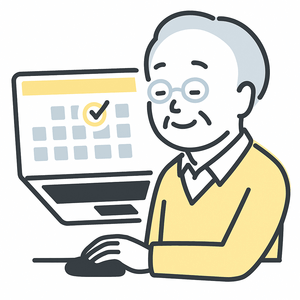 컴퓨터 화면의 달력을 보며 교육 예약 가능 날짜를 확인하는 고령 남성