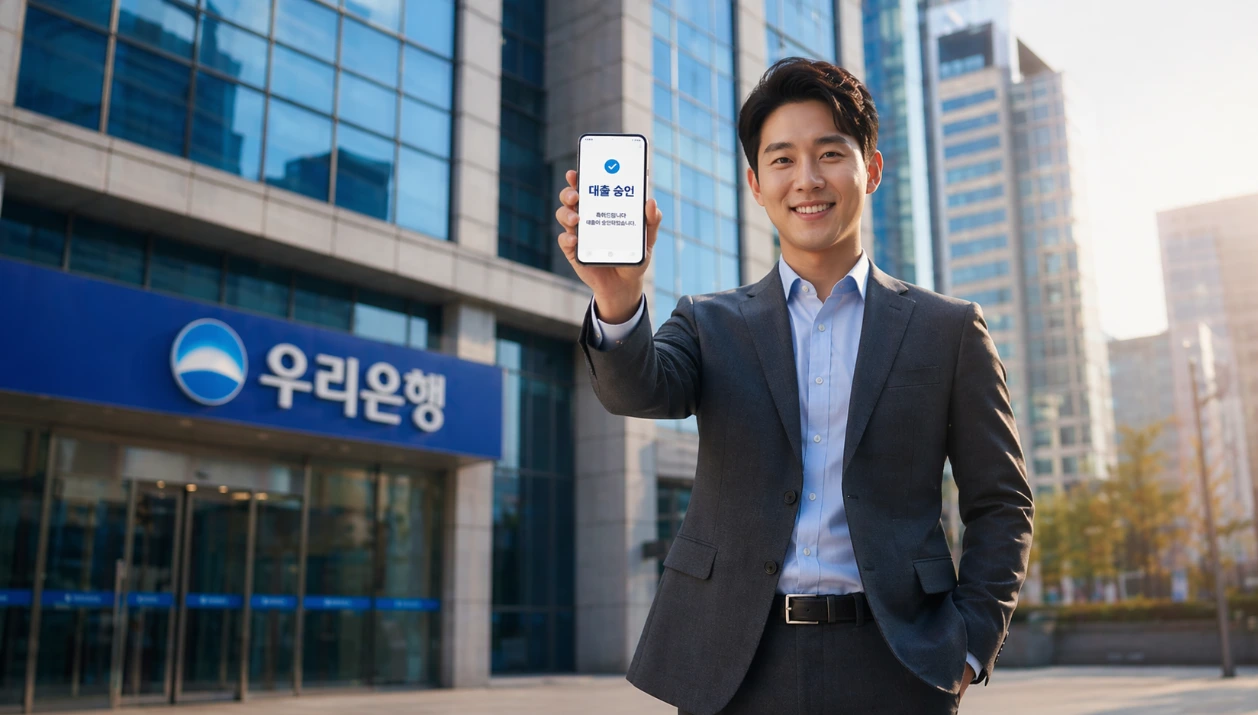 우리은행 건물 앞에서 스마트폰으로 비상금대출 승인 알림을 확인하며 안도하는 무직자
