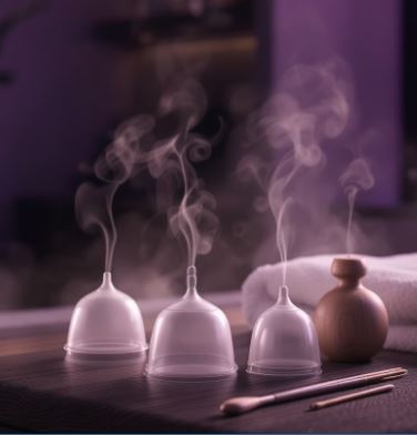 다양한 형태의 부항기 컵이 테이블 위에 놓여 있고, 컵 위로 연기가 피어오르는 장면. 부항기 종류의 시각적 비교.