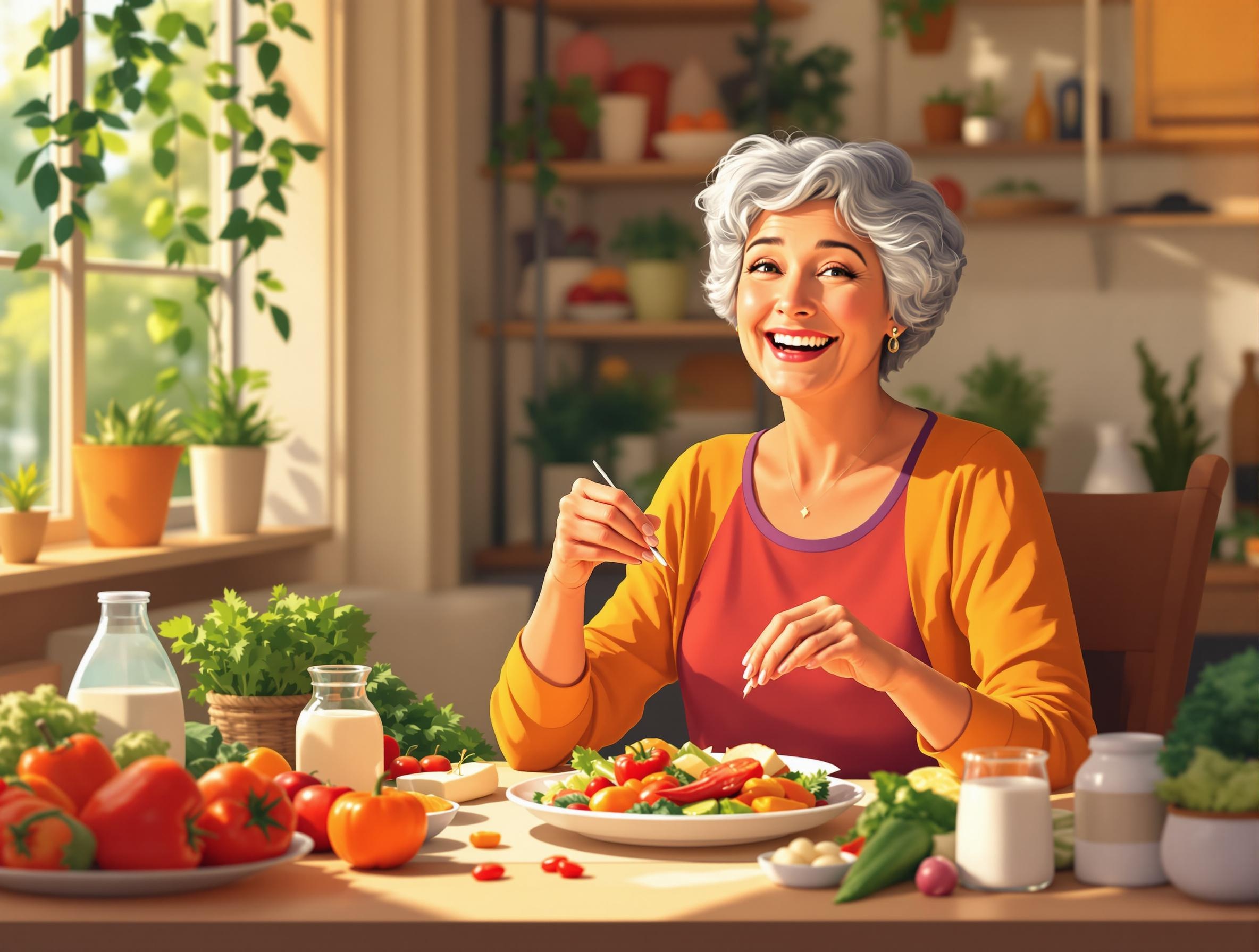 칼슘이 풍부한 식단의 식사를 하는 여성의 모습