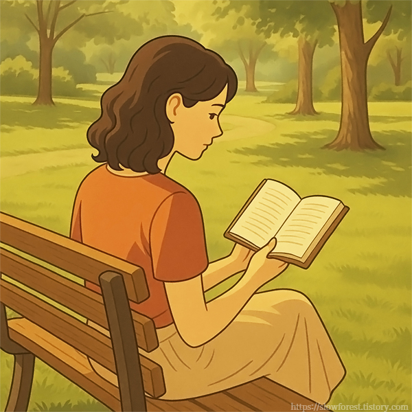 공원에 앉아 책을 읽고있는 여성 일러스트