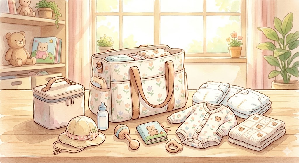 A large tote bag surrounded by baby essentials including diapers, a spare outfit, small toys, a thin blanket, a sun hat, and a cooler bag, laid out for a spring outing.
