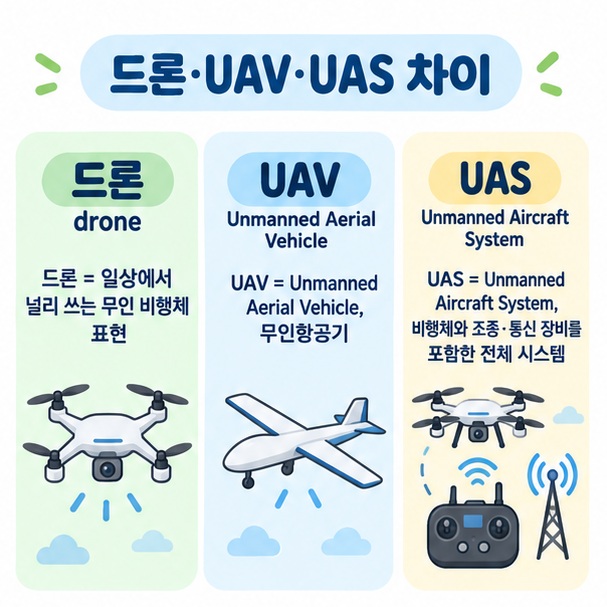 드론과 UAV, UAS의 의미 차이를 비교하는 교육용 이미지
