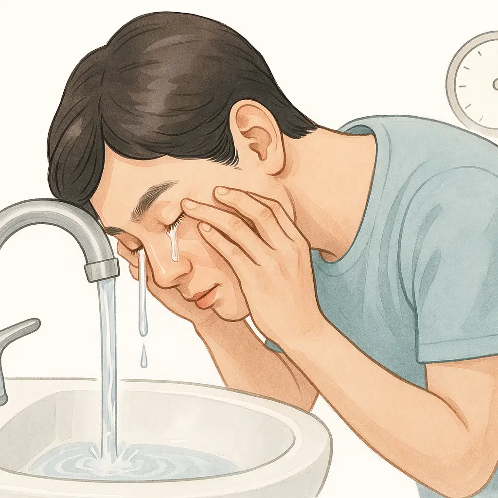 세면대에서 미지근한 물로 눈을 흐르는 상태에서 15분 이상 세척하는 장면