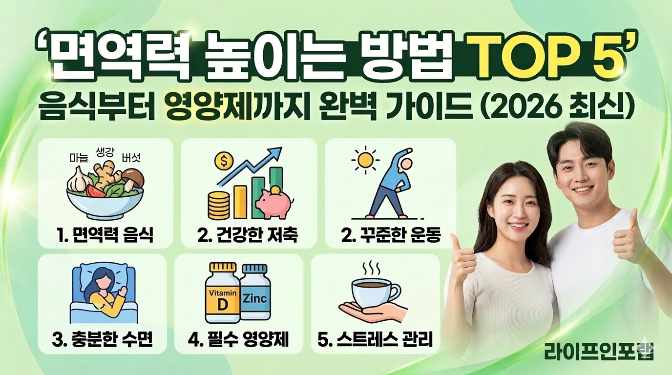 라이프인포랩 제공 면역력 높이는 방법 TOP 5 인포그래픽, 면역력에 좋은 음식, 영양제, 수면 습관 가이드 썸네일