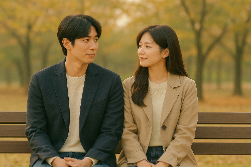 청춘 남녀 둘 이 공원 벤츠에 앉아 서로 마주 보며 미소를 짖고 있는 모습