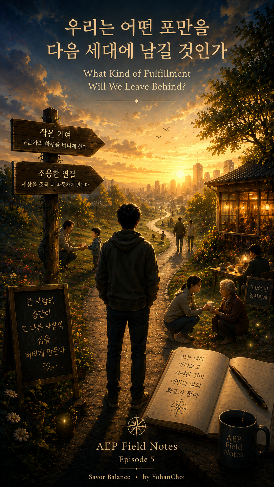 A cinematic vertical illustration for AEP Field Notes Episode 5, "What Kind of Fulfillment Will We Leave Behind?" A person stands at a crossroads facing a warm sunrise and a distant city. Wooden signposts point toward "Small Contributions" and "Quiet Connections," symbolizing a life shaped by compassion rather than stimulation. Around the path, people share food, help one another, and gather in a peaceful community, including a humble restaurant inspired by a low-cost kimchi stew story. A handwritten notebook emphasizes that what we repeatedly choose to value shapes tomorrow's life. The contrast between everyday kindness and lasting fulfillment visually represents the essay's theme: the greatest legacy is not wealth or achievement, but the hope, warmth, and human connection passed on to the next generation.