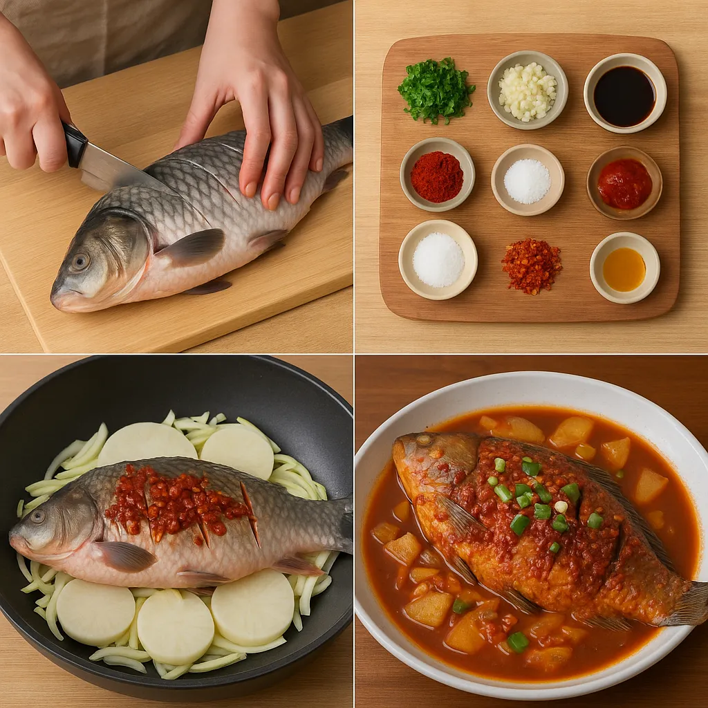 잉어 손질부터 조리까지의 과정을 4분할로 보여주는 이미지